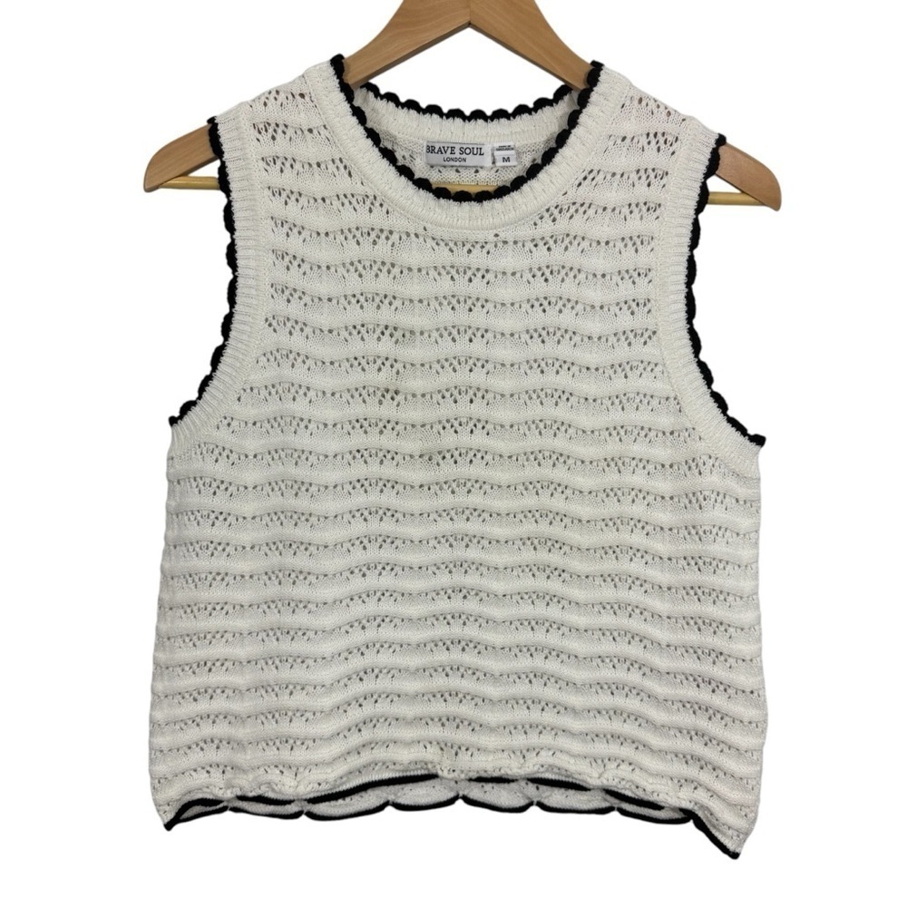 Brave Soul Pointelle Knit Sleeveless Top Womens M White Scalloped Sweater Vest